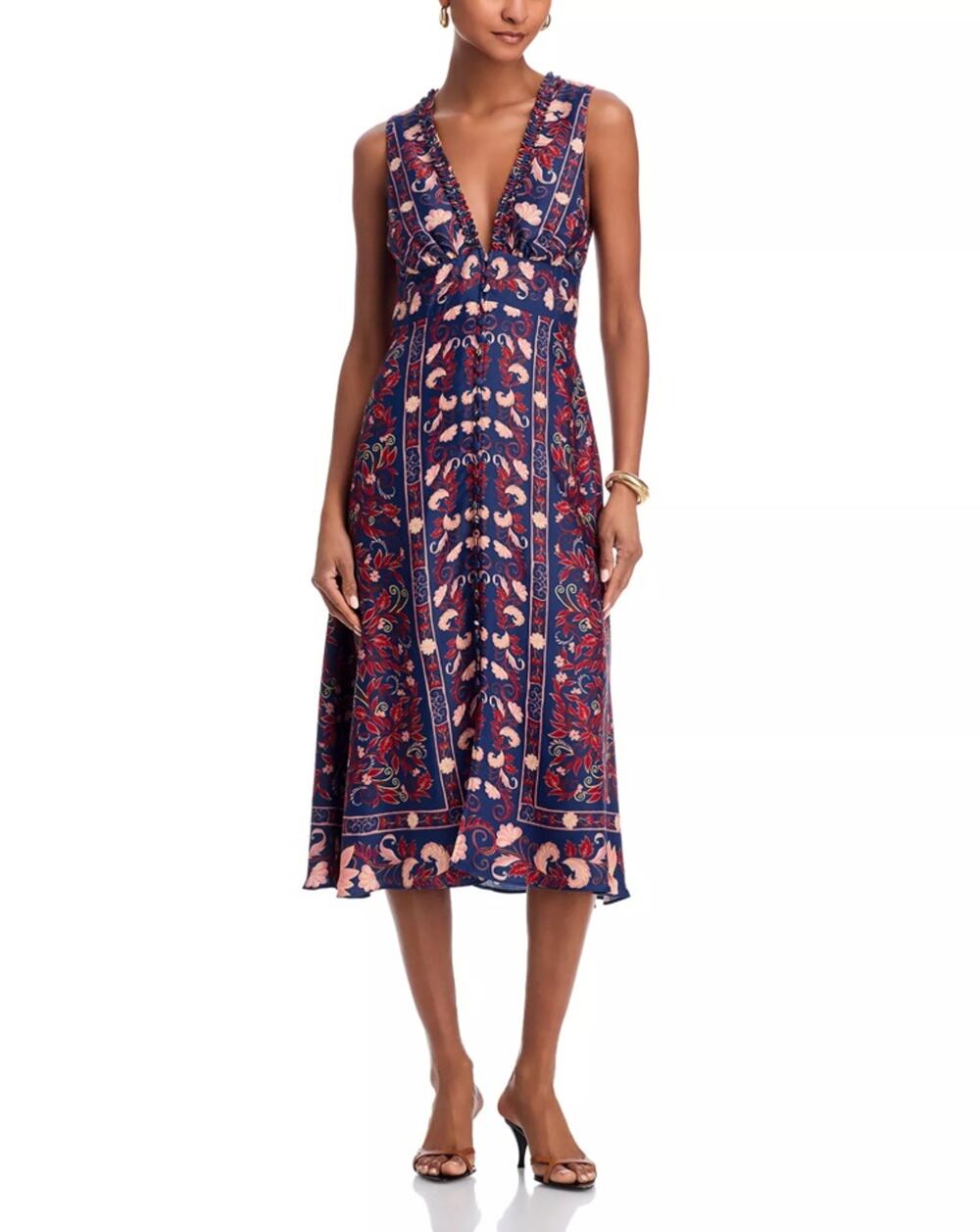 FARM Rio Women Blue Floral Satin Viscose Boho Casual Scarf Midi Dress Size M